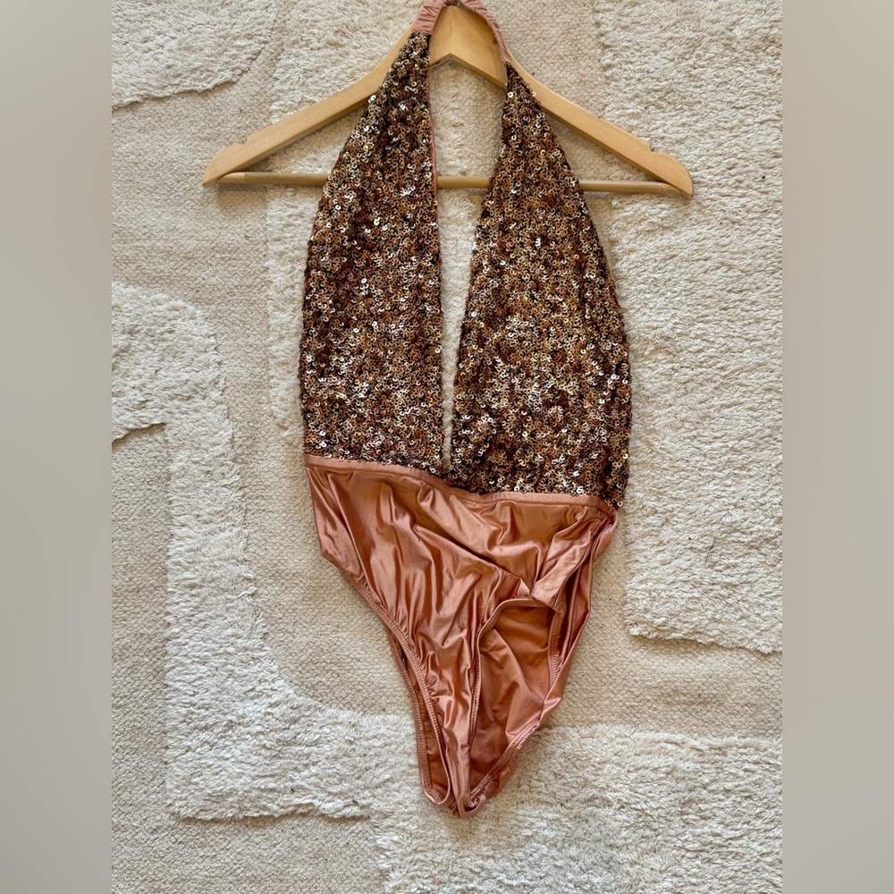 Urban Outfitters Sequin Rose Gold Halter Jumpsuit in Brown and Tan - Size M